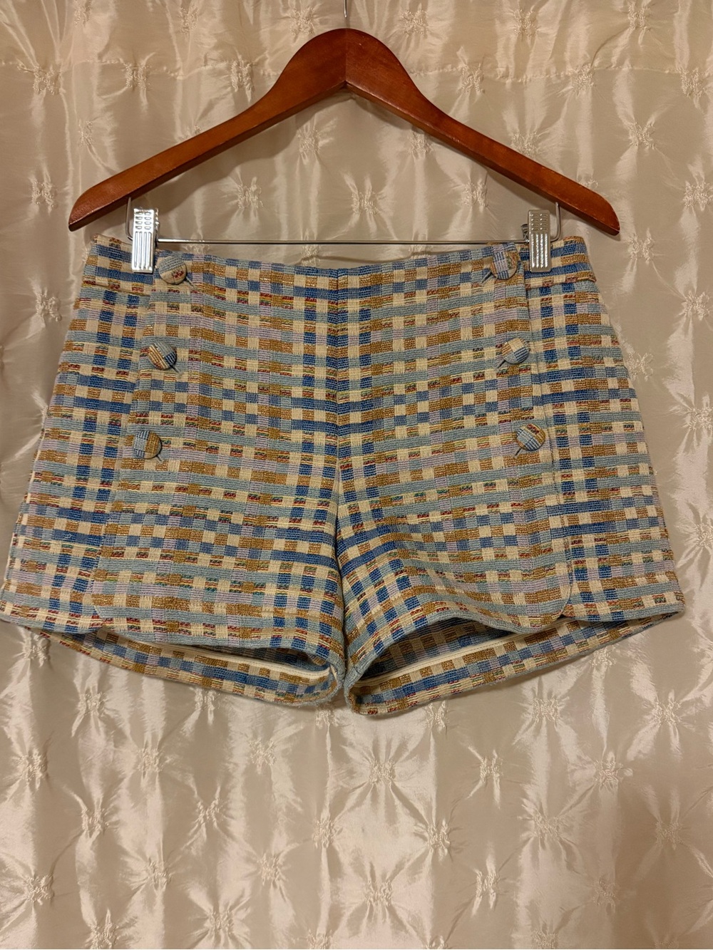 Sézane Paula Shorts Unbleached Jacquard Cotton Plaid High Rise Check Plaid Tweed